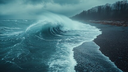 Stormy sea waves approaching a rocky beach, dramatic clouds, moody atmosphere, cinematic tone, high contrast, epic landscape