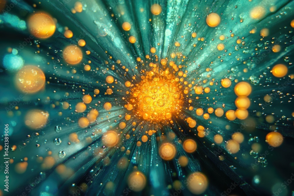 Poster a mesmerizing burst of golden bubbles against a teal backdrop, radiating light and energy.