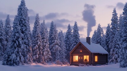 Naklejka premium A cozy wooden cabin in the middle of a snowy forest, warm light glowing from the windows, surrounded by tall, snow-covered pine trees, smoke gently rising from the chimney, dusk sky with soft snowfall