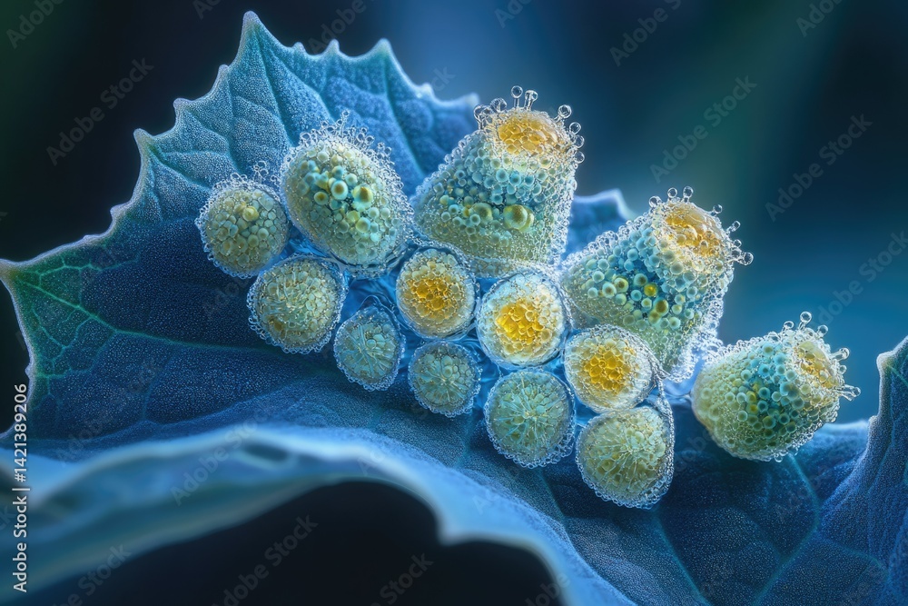 Leinwandbilder microscopic view of bubble-like structures on a leaf, showcasing intricate detail and vibrant colors