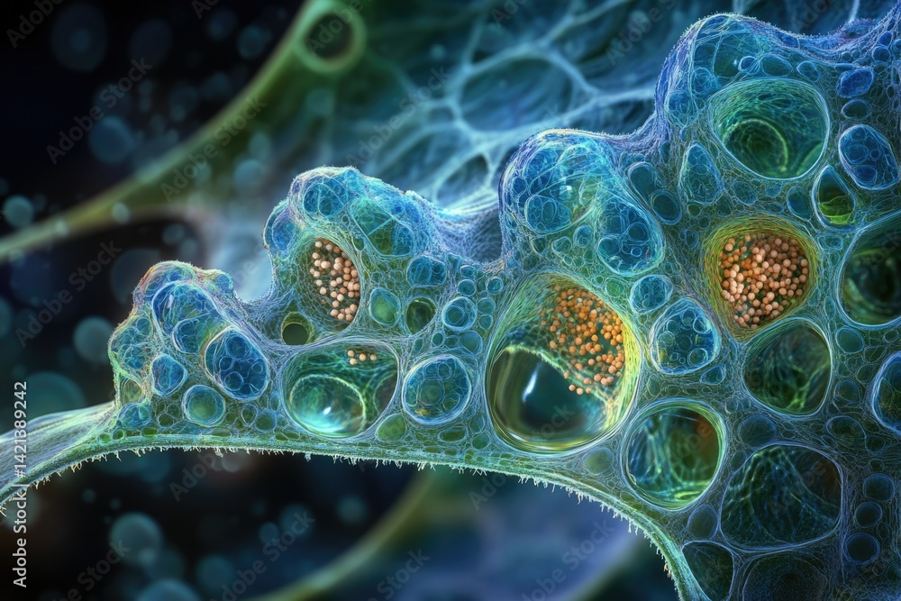Aufkleber Microscopic view of a complex cellular structure with interconnected compartments and granular inclusions.