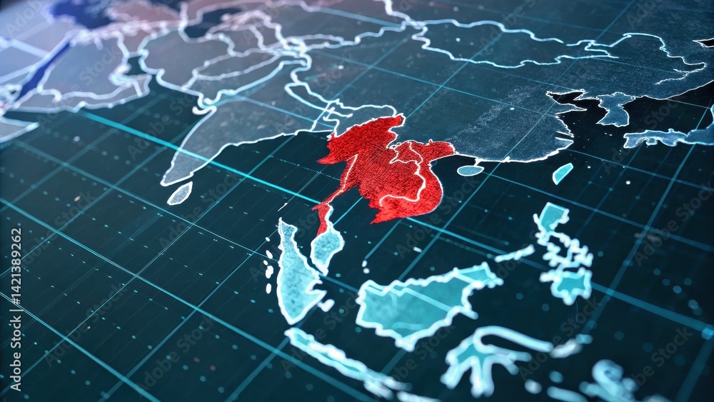 Aufkleber digital map grid background red highlight concept. detailed map highlighting asia with vibrant color