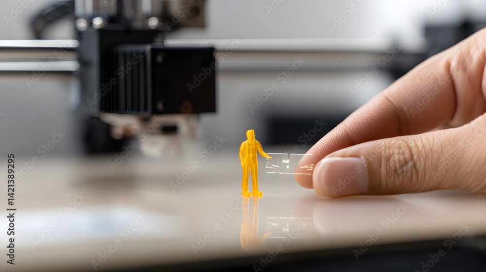 Poster close up view of a resin 3d printer in action producing a highly detailed miniature figure with intr