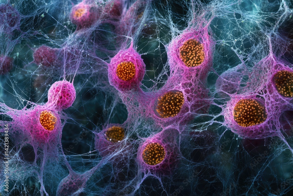Fototapete Microscopic image showing cells interconnected by a complex web-like extracellular matrix.
