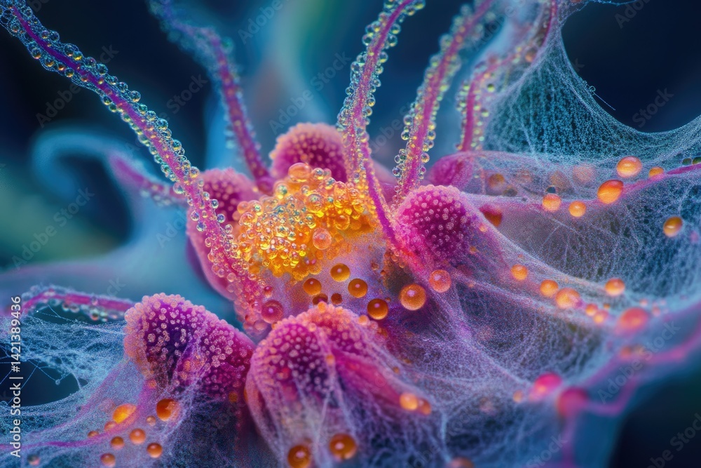 Aufkleber vibrant, bioluminescent organism with intricate, dewy structures and web-like formations.