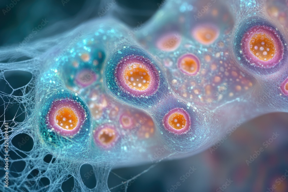 Aufkleber microscopic view of interconnected cells, exhibiting vibrant colors and intricate network structures