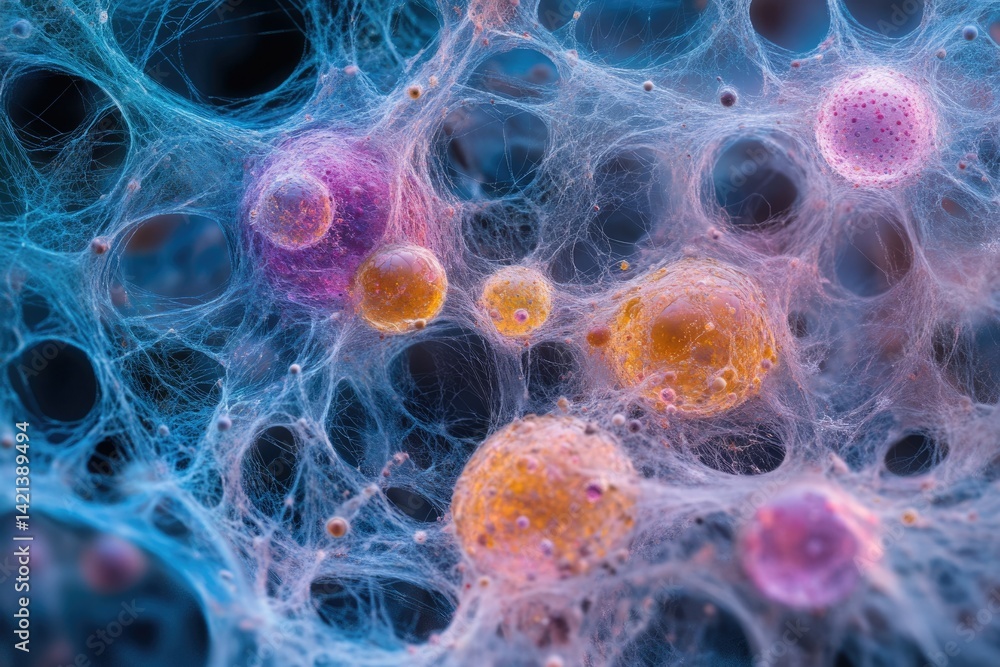 Poster Intricate web-like structure encapsulates vibrant, multicolored spheres, creating a mesmerizing microscopic scene.