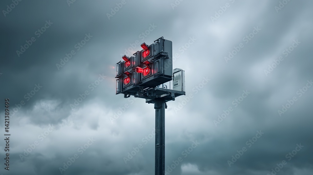 Poster close up view of a weather radar station scanning the sky and tracking atmospheric conditions during