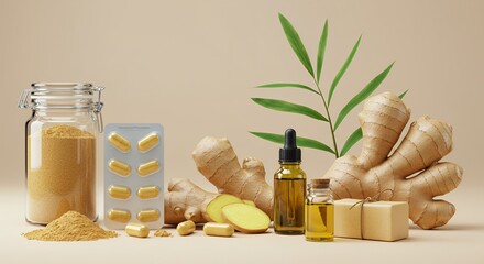 Ginger Zingiber Officinale Rhizome Capsules and Oil Still Life Mockup Product Display