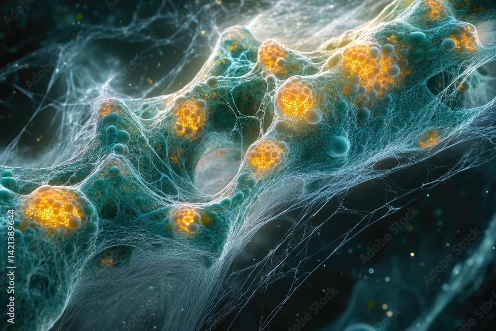 Poster Abstract microscopic image showing a complex network of cells with glowing orange nuclei.