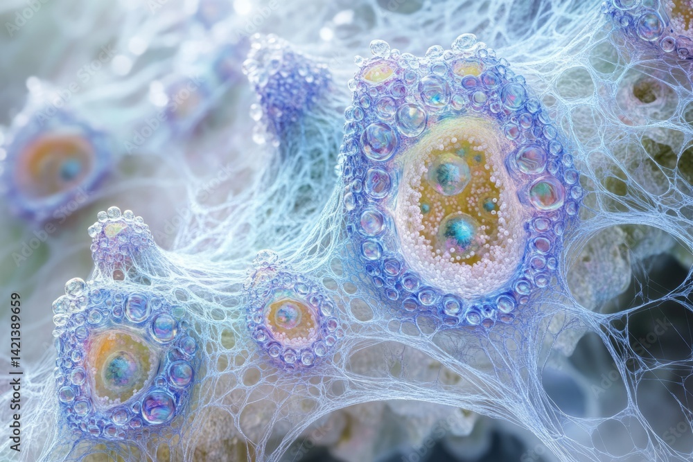 Leinwandbilder Microscopic view of intricate cellular structures, resembling a network of bubbles and delicate threads.