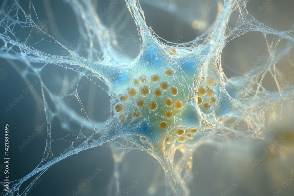 Poster Microscopic view of a neuron cell, showcasing its intricate network of dendrites and soma.
