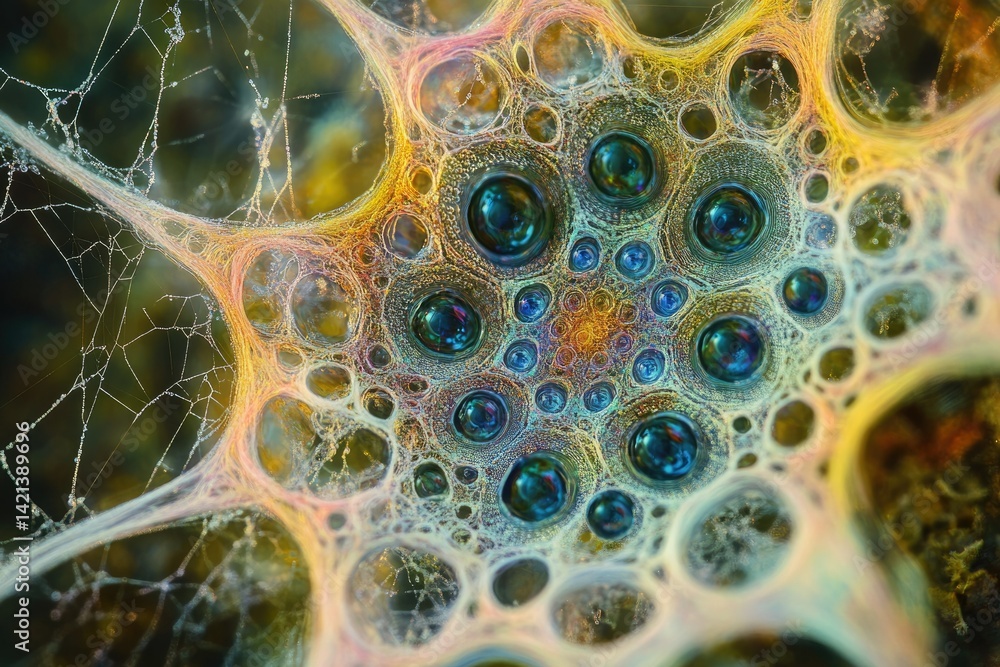 Poster Intricate web-like structure with iridescent bubbles, resembling a fractal pattern.