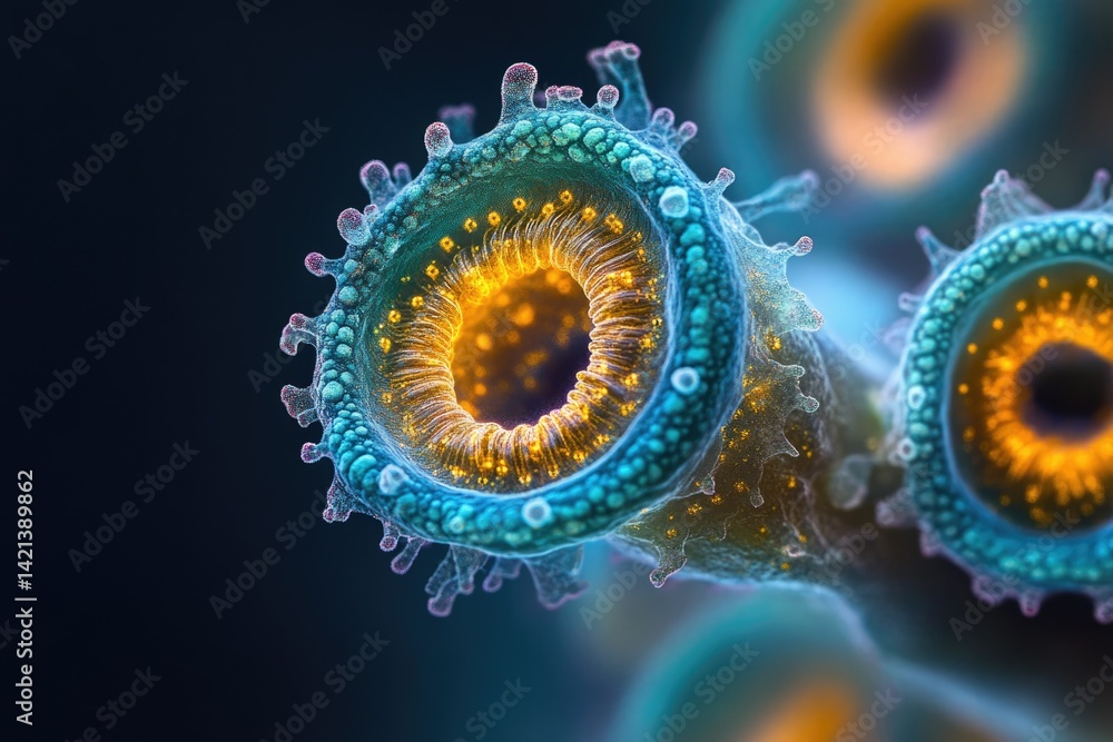 Poster microscopic view of intricate, vibrant structures resembling bioluminescent organisms or cells.