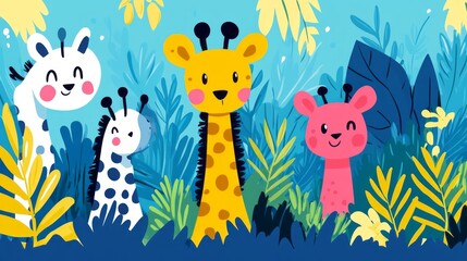 Naklejka premium Colorful cartoon giraffes standing in a lush vibrant jungle