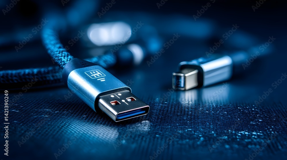 Poster closeup of a coiled micro usb cable with a sleek modern tech inspired aesthetic and studio lighting 