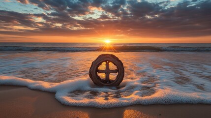 Driftwood cross on beach at sunset: waves sand and sky symbol of faith hope and spirituality blending nature's beauty with serene coastal landscape 