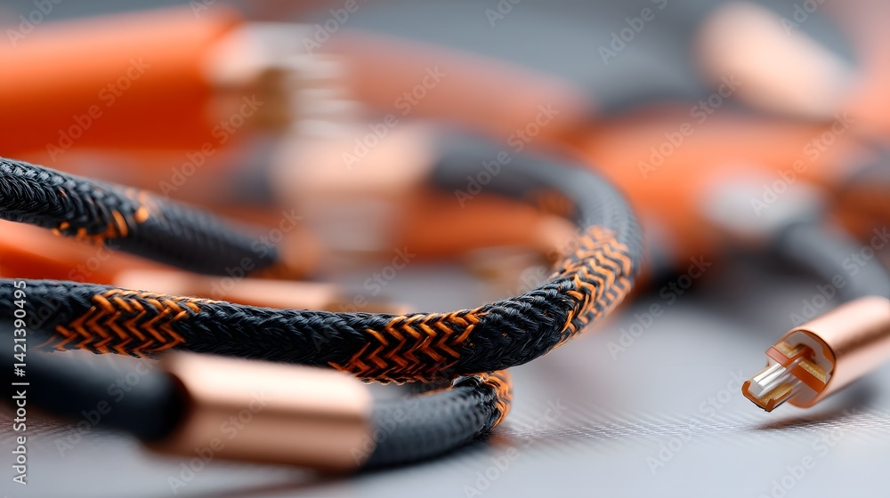 Aufkleber Closeup photograph of a coiled braided Cat 8 Ethernet cable with intricate woven pattern and metallic shielding highlighting the technical details and design of the networking hardware