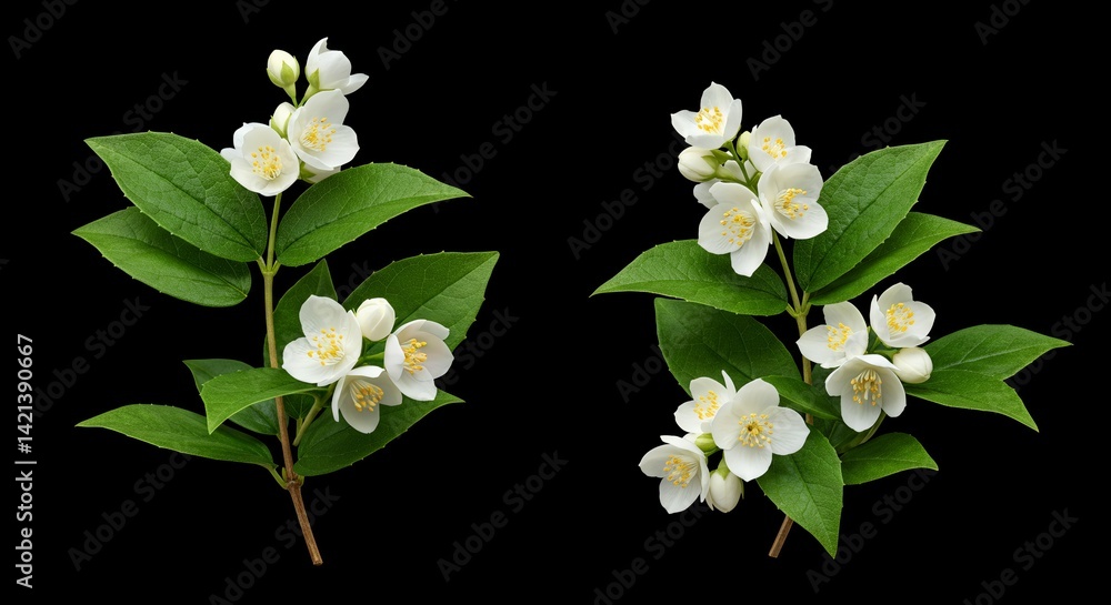 Poster jasmine jasminum sambac derivative mockup highlighting flower clusters and leaf arrangement on black