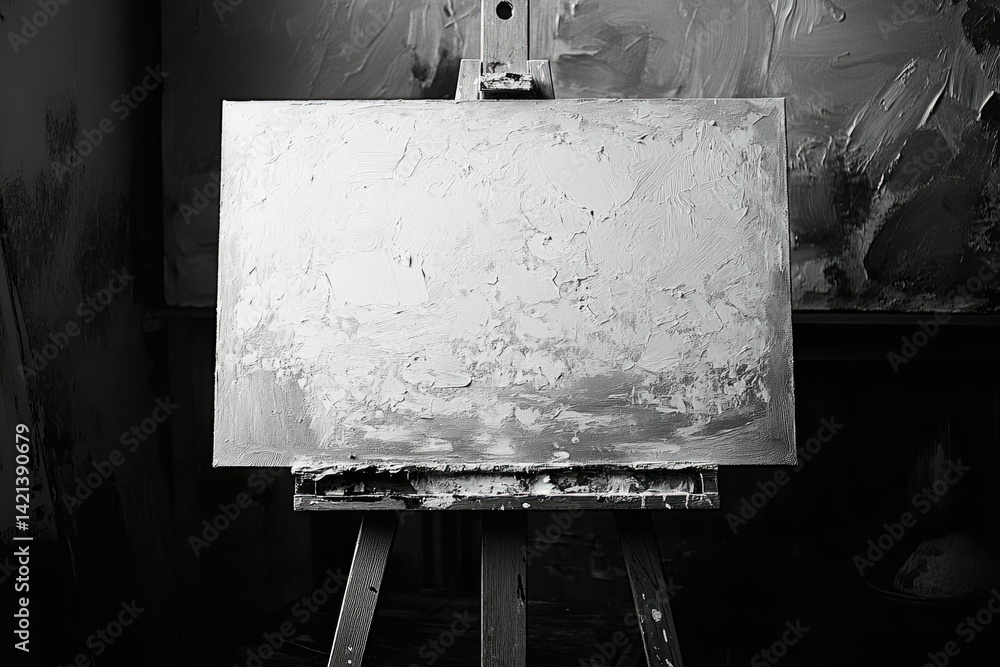 Poster a textured white canvas sits on an easel in a dimly lit artist's studio.