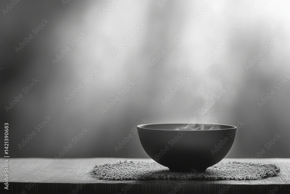 Aufkleber a steaming bowl of soup sits on a rustic table, creating a serene and calming atmosphere.