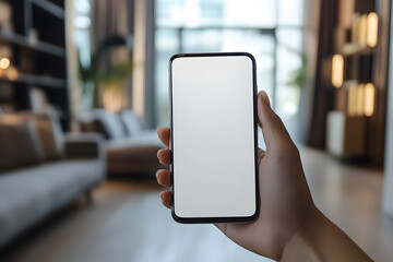 A person holds a blank smartphone in a stylish living room filled with natural light