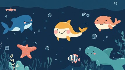 Adorable Ocean Friends Cartoon Illustration: Underwater Delightful Scene with Happy Fish and Starfish