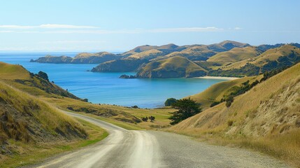 Coastal road winds down, hills, ocean view.