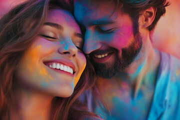 Obraz premium Joyful couple smiles and embraces while covered in colorful powder during a festive outdoor celebration