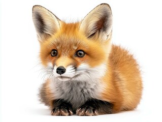 Adorable red fox cub with bright orange fur, curled up in a cozy pose.