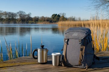 Lakeside coffee break with backpack (1)