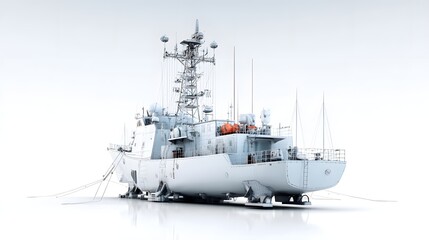 Detailed 3D rendering of a modern naval warship model featuring advanced radar systems communication antennas and military equipment