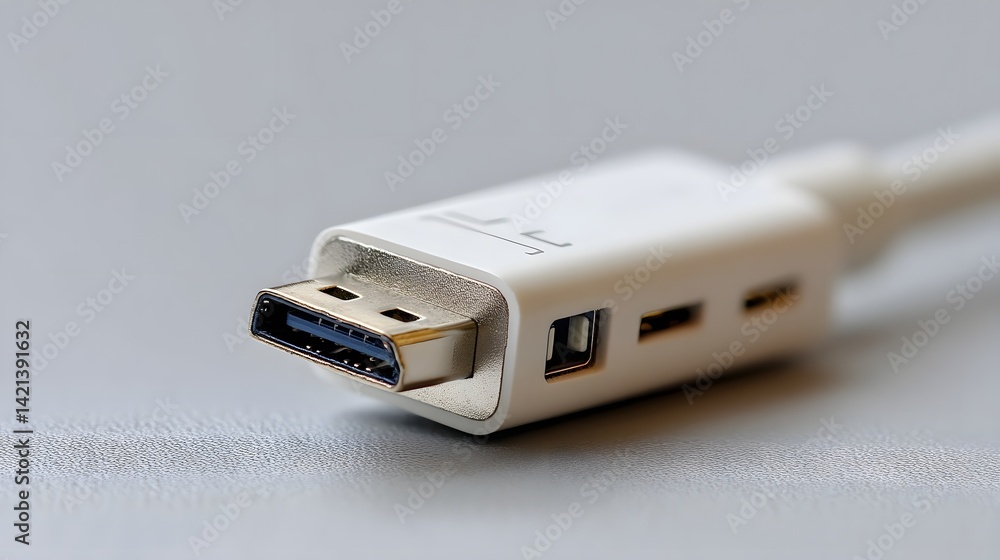 Poster detailed angled shot of a thunderbolt 4 cable connector showcasing its metallic edges and sleek desi