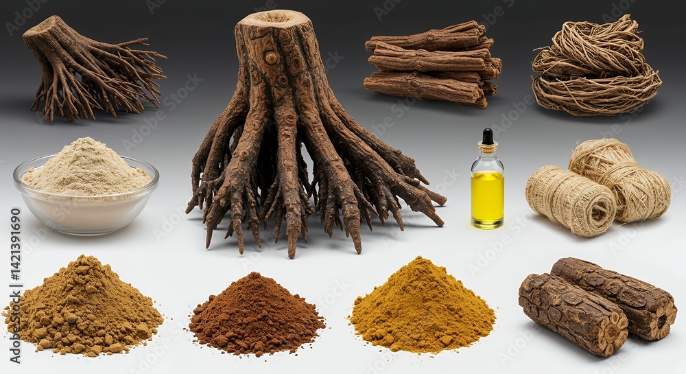 Poster mangrove rhizophora mucronata derivative products mockup highlighting root structures on white backg