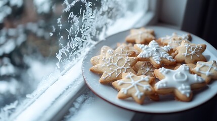 A delightful close-up of a plate of festive holiday cookies shaped like snowflakes, stars, and trees, placed on a snowy windowsill, with frost framing the glass.