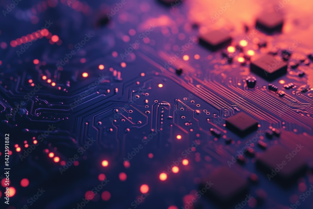 Poster close-up of illuminated circuit board showcasing intricate electronic pathways and components.
