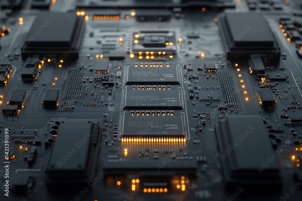 Aufkleber Close-up of a complex circuit board with glowing components, showcasing intricate technological design.