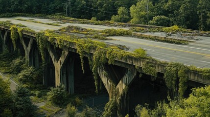 Overgrown bridge, cracked roadway, vegetation reclaiming concrete.