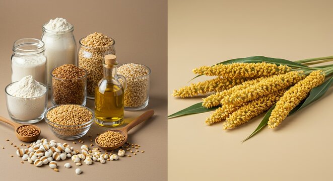 Millet Derivative Products Mockup Highlighting Seed Head and Leaf Arrangement on Neutral Backdrop