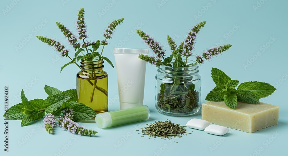 Poster mint mentha spicata derivative products mockup highlighting leaf structure and flower clusters in li