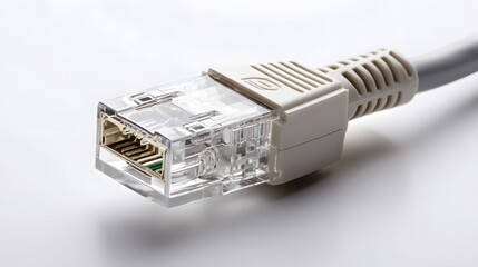 Detailed view of an Ethernet cable with a transparent RJ45 connector shot with professional studio lighting against a plain white backdrop for commercial use