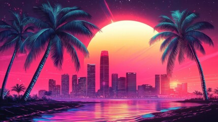 Vibrant, neon cityscape framed by palm trees and a sunset.