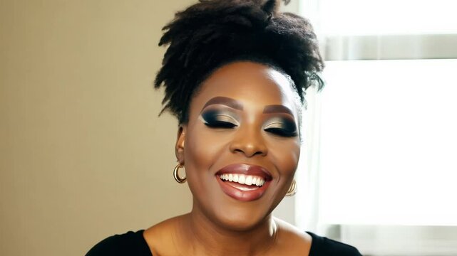 Close-up of a woman with a uniquely styled pixie cut and bold, contrasting makeup expressing radiant happiness. simple cream background
