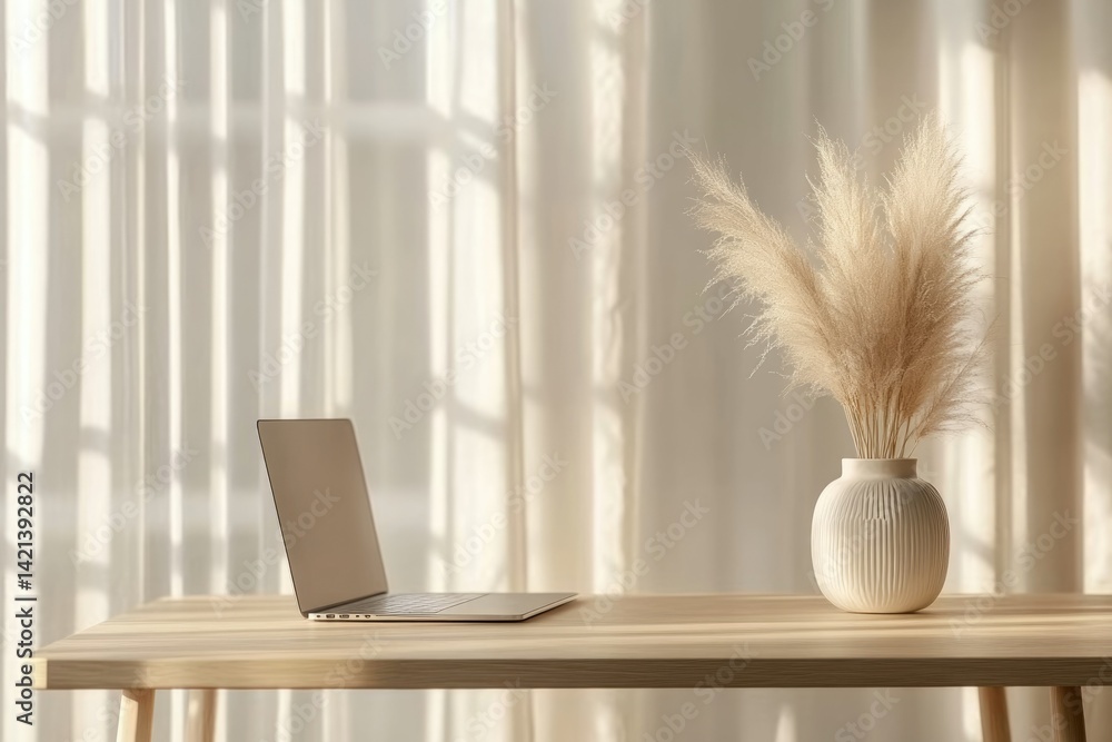 Poster laptop and pampas grass on a wooden desk bathed in sunlight, creating a minimalist and serene worksp