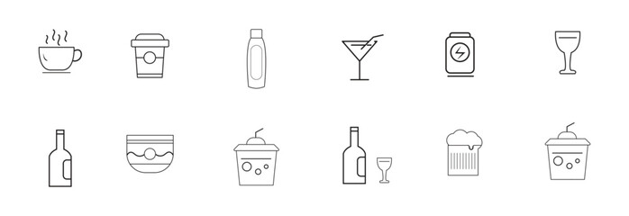 Drink Thin Line Icons Set – Editable Stroke Vector Illustration