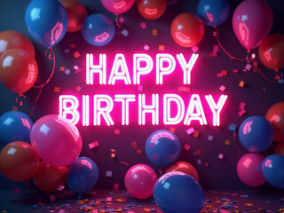 Vibrant Neon 'Happy Birthday' Sign with Colorful Balloons and Confetti