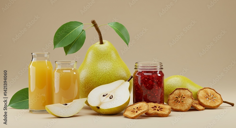 Poster pear derivative products mockup displaying leaf structure and fruit morphology on beige background