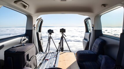 Interior of a mobile vehicle outfitted with scientific equipment including atmospheric lidar scanning system for monitoring and studying cloud layers