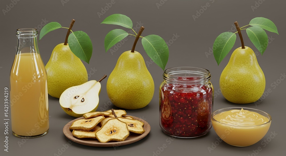Poster pear pyrus communis derivative products mockup displaying leaf structure and fruit morphology with j