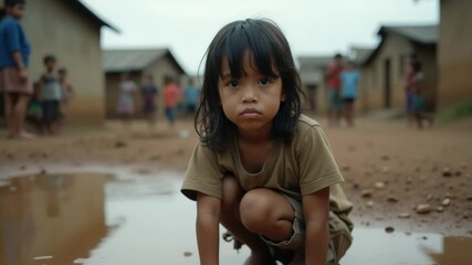 Poignant Portrait of Young Girl in Muddy Puddle Amidst Poverty-Stricken Community